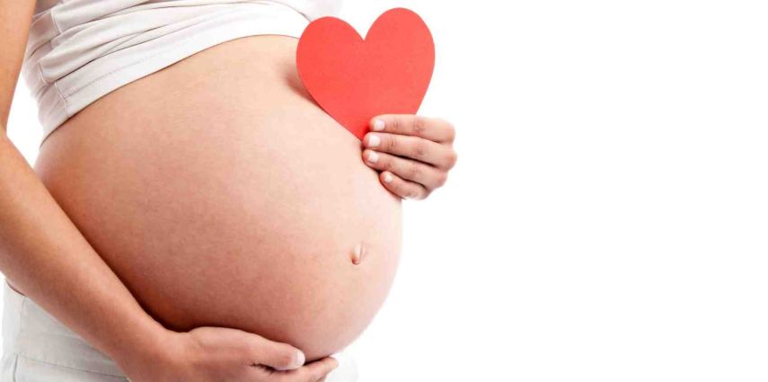 <p>Pregnant woman showing her belly and holding a paper heart. Isolated on white</p>
